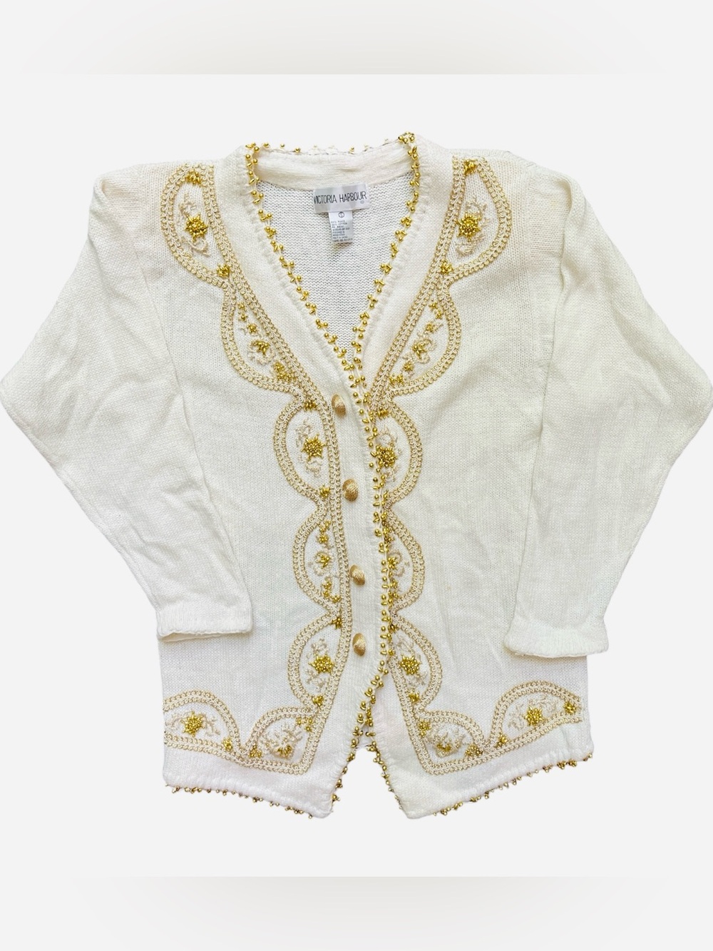 Vintage Victoria Harbour Gold Beaded Cardigan Sweater Size Small 80s Grandmacore